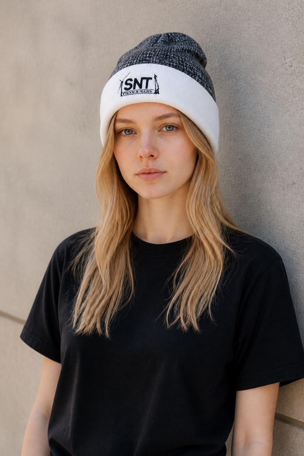 Heather black/white cuff Beanie Embroidered