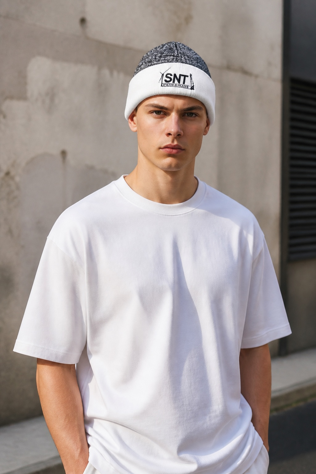 Heather black/white cuff Beanie Embroidered