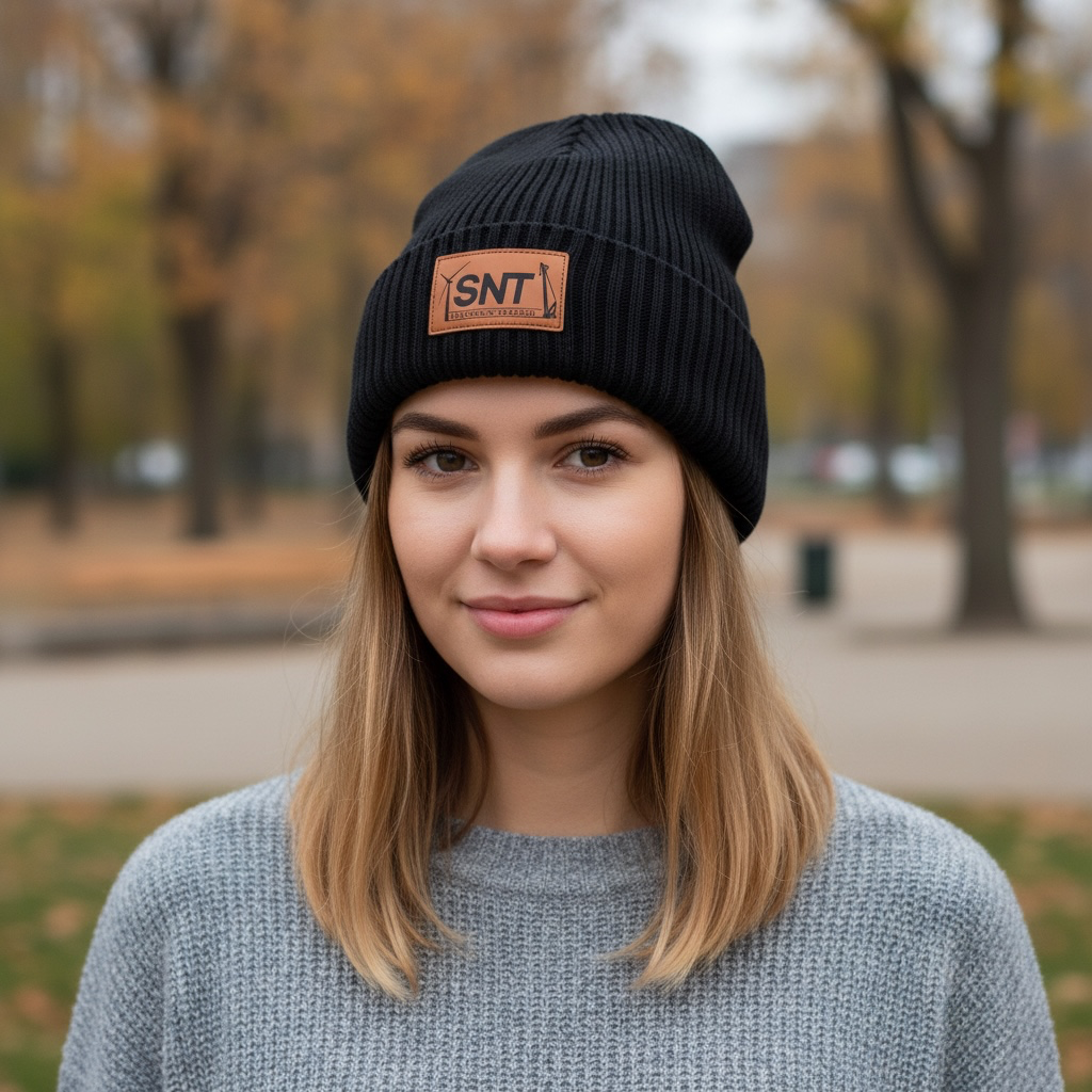 Knitted Black Beanie Leather Patch
